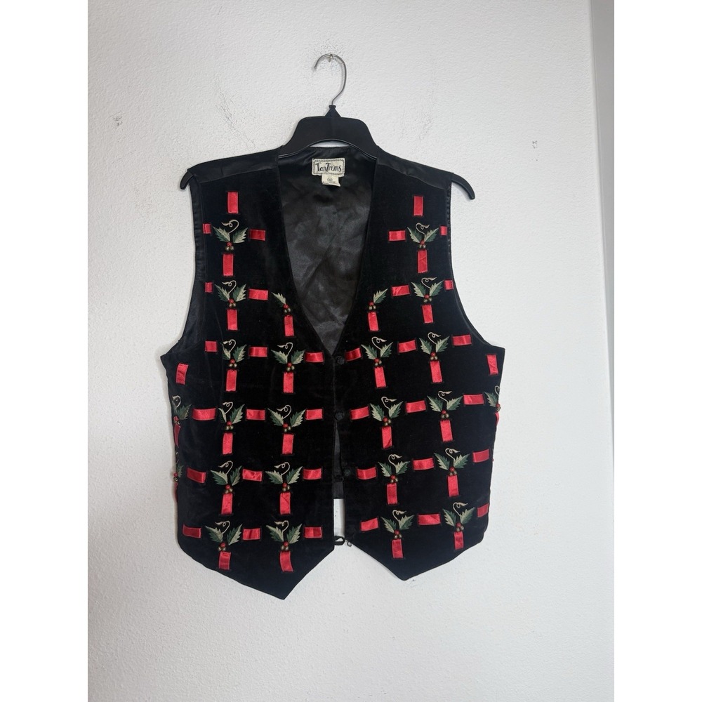 Tantrums Black Velvet Vest Mistletoe Vintage Christmas Holiday XL( Button Flaw)